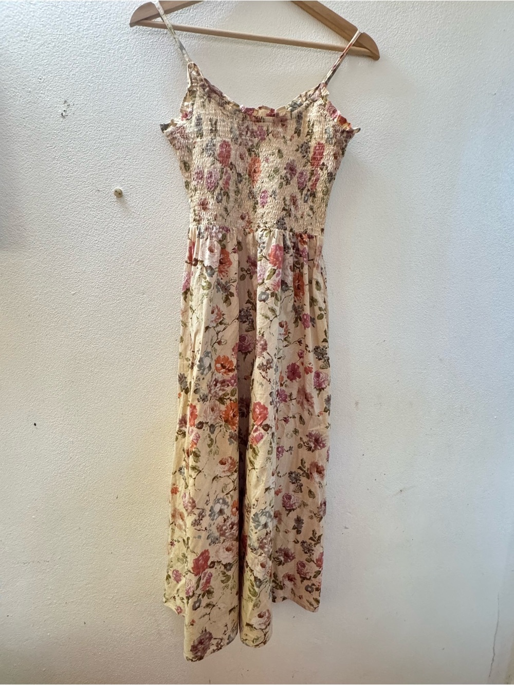 Smocked Floral Midi Dress in Cream and Pink